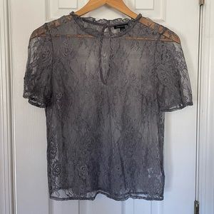 AEO Gray Lace Lettuce High Neck Blouse
